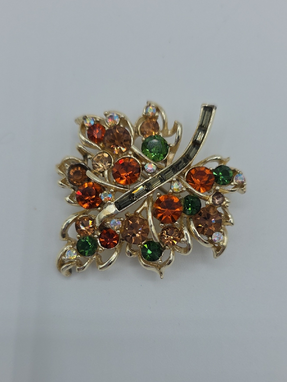 Gold-Tone Autumn Leaf Crystal Brooch — Orange & Green